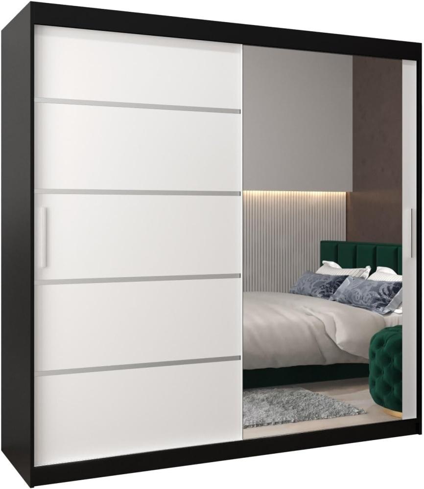 Schwebetürenschrank Verona 2-200 cm mit Spiegel Kleiderschrank mit Kleiderstange und Einlegeboden Schlafzimmer- Wohnzimmerschrank Schiebetüren Modern Design (Schwarz + Weiß) Bild 1