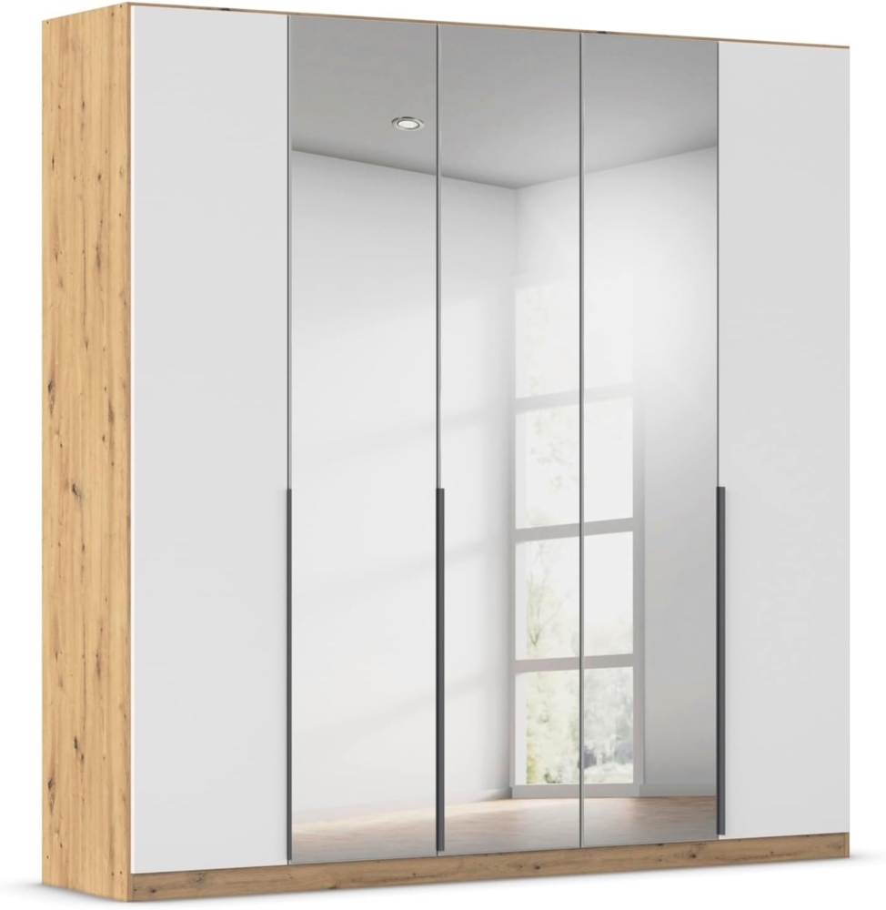 Rauch Möbel Alabama, Kleiderschrank, Garderobe, 5-türig, Spiegel, Zubehör Premium, 3 Kleiderstangen, 9 Einlegeböden, Schubladeneinsatz, Farbe Weiß/Eiche Artisan, Griff Grau metallic, 226 x 229 x 54 cm Bild 1