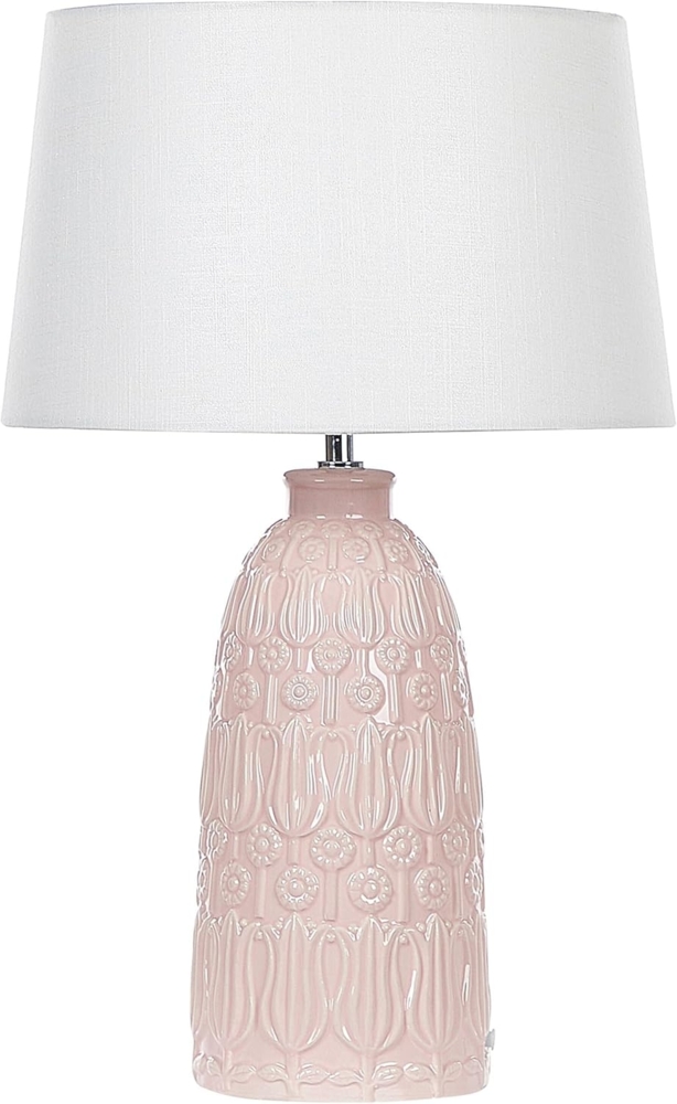 'Zarima' Tischlampe mit Keramikfuß Rosa 56 cm Blumenmotiv Langes Kabel mit Schalter Lampenschirm aus Baumwolle / Jute in Weiß Wohnzimmer Schlafzimmer Bild 1