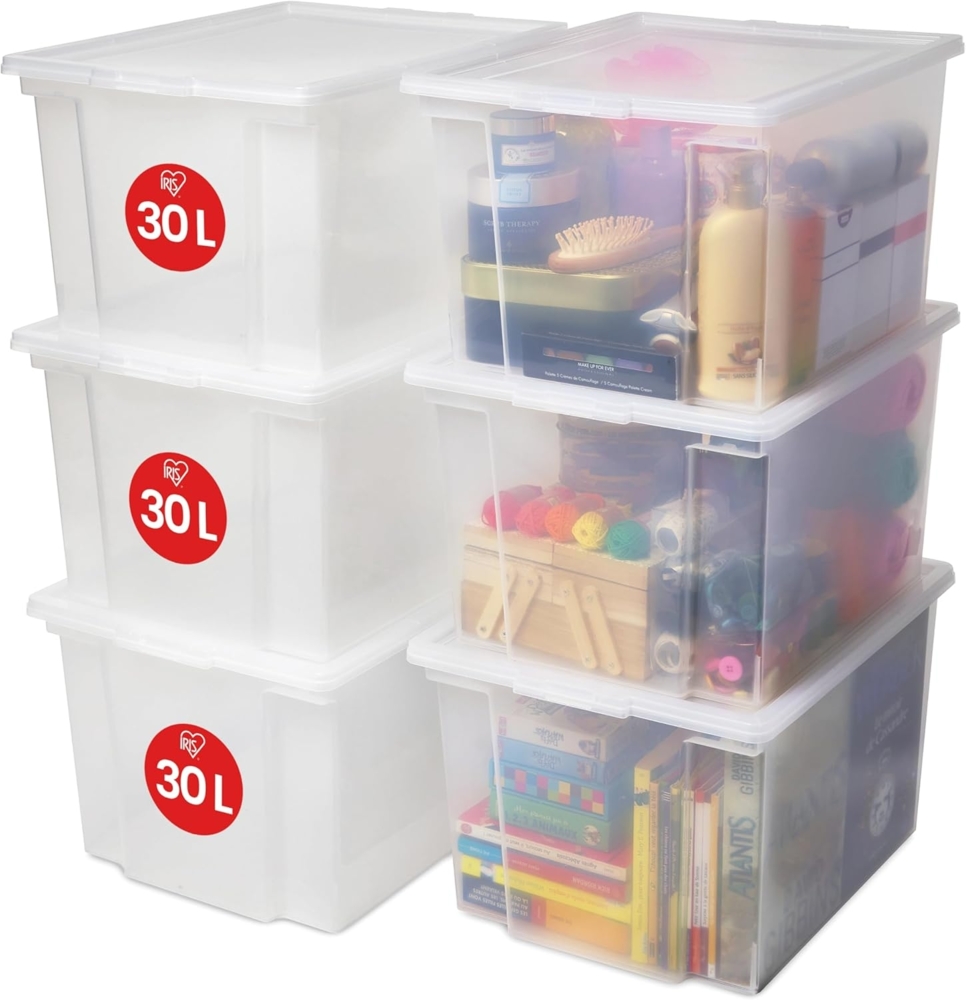 Iris Ohyama Vielseitige Aufbewahrungsbox mit Deckel, Stapelboxen, 30L, 6er-Set, Transparent, Stapelbar, Plastik, Für Schrank, Regale, Organisation, Kleidung, Bettlaken, Plastikbox mit Deckel, USB-M Bild 1