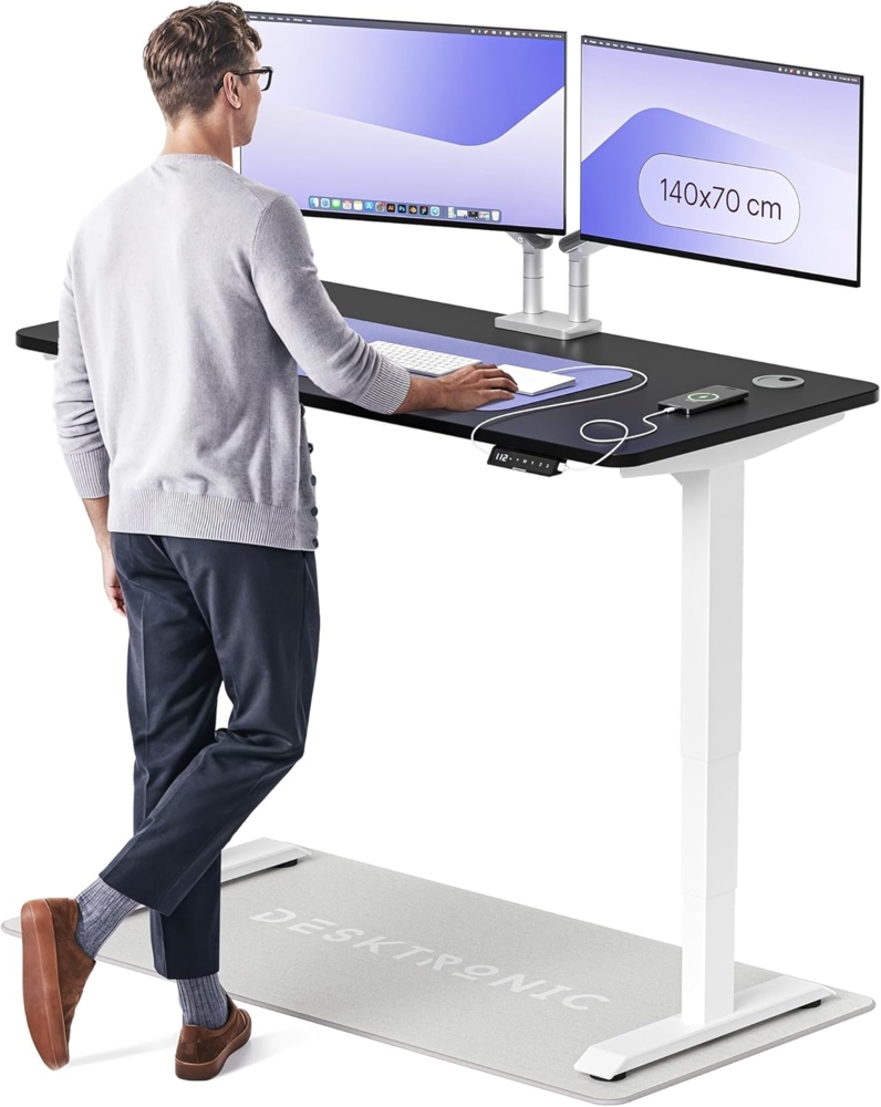 Höhenverstellbarer Schreibtisch - Höhenverstellbar Elektrisch mit Flüsterleisem Dual-Motor & Touchscreen - Hohe Tragfähigkeit - Stehtisch von Desktronic, Weiß + Schwarz, 140x70 cm Bild 1