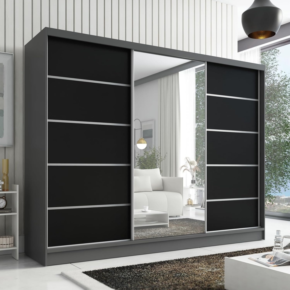 Schwebetürenschrank AVIRA 1 3-türig Schrank 200 cm (mit Spiegel) Farbe: Schwarz Bild 1