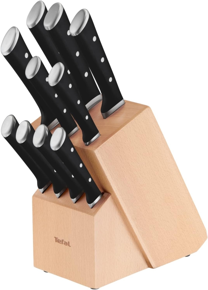 Tefal K232SA Ice Force 11-tlg. Messerblock-Set | 6 Messer, 4 Steak Messer, 1 Holz-Messerblock | hochwertiger, deutscher Edelstahl | Ice Force Technologie | korrosionsbeständig | Schwarz/Braun/Silber Bild 1