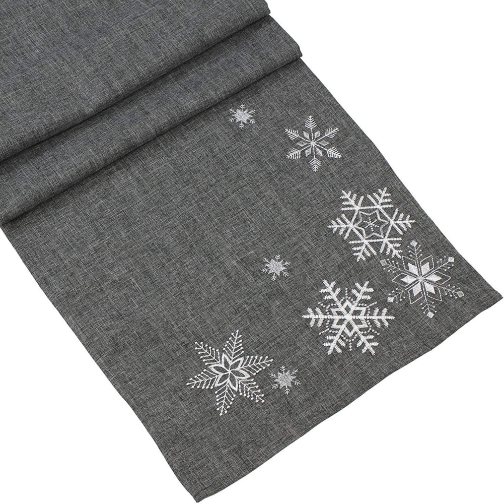 Tischläufer in edlem grau mit Stickerei "Eiskristall" in silber, 40x140 cm Bild 1