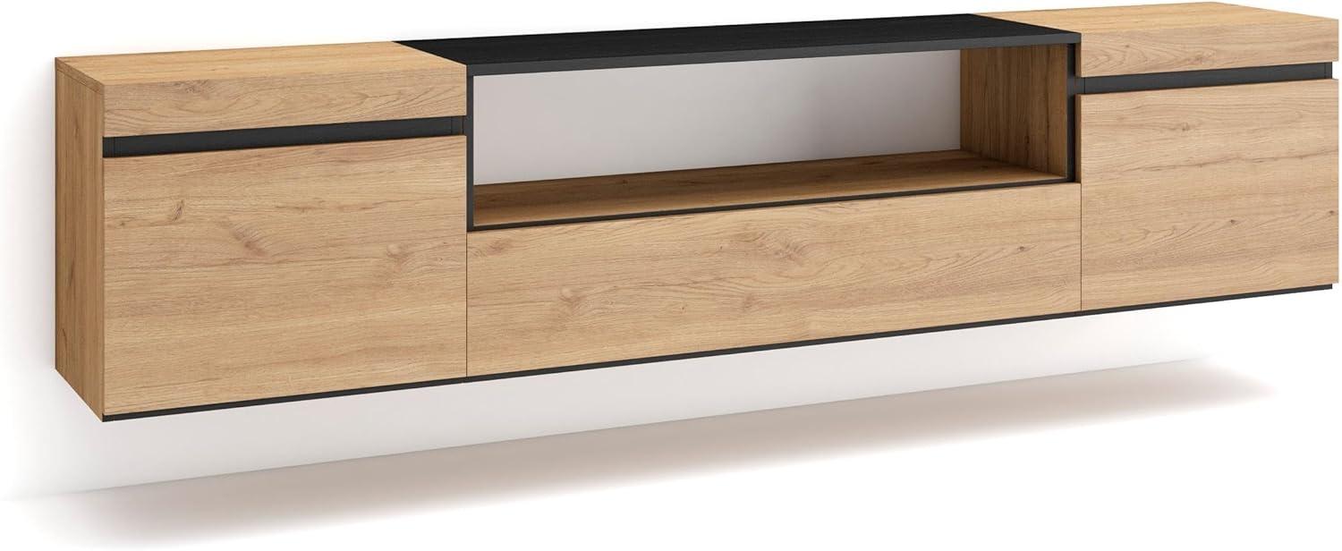 Skraut Home | TV-Schrank, Lowboard | für Wohnzimmer und Esszimmer | 200x45x35cm | Für TV-Geräte bis zu 80" | Hängend | Moderner Stil | Eiche Schwarz Bild 1