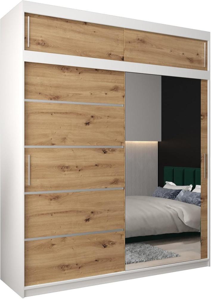 Kryspol Schwebetürenschrank Verona 2-200 cm mit Spiegel Kleiderschrank mit Kleiderstange & Einlegeboden Schlafzimmer-Wohnzimmerschrank Schiebetüren Modern Design (Weiß + Artisan Eiche mit Erweiterung) Bild 1