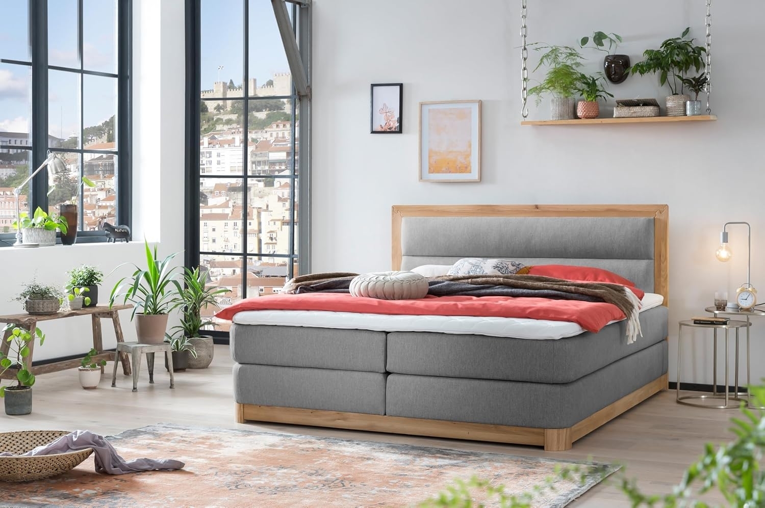Belanoti 'Age' Boxspringbett, 180x200 cm, mit 7-Zonen Taschenfederkern Matratze H2/H3 & Visco-Topper, Massivholz Eiche Grau Bild 1