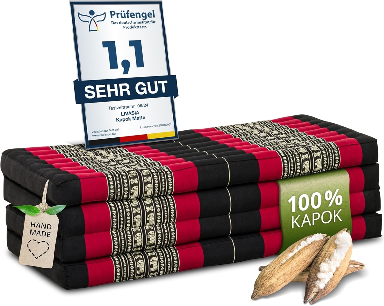 Nachhaltige Klappmatratze aus Kapok, breite Gästematratze vierteilig, Faltbare Matratze, ökologische Yogamatte, klappbares Gästebett, Liege für Garten und Balkon 200 x 110 x 8 cm (Schwarz/Elefanten) Bild 1