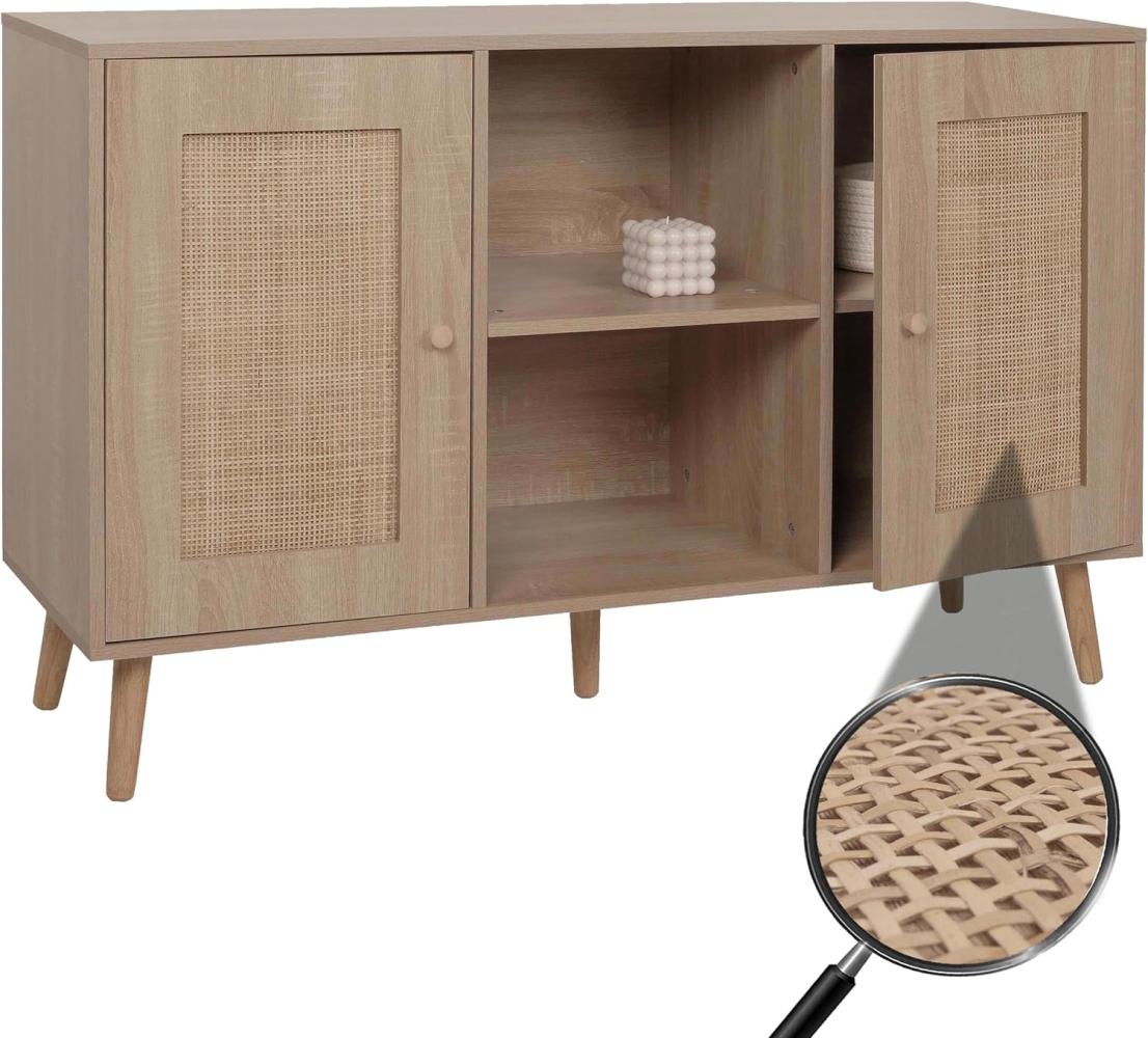 Sideboard HWC-M42, Schrank Kommode Highboard, Staufächer, Kubu Rattan Holz Melamin, Eiche-Optik Bild 1