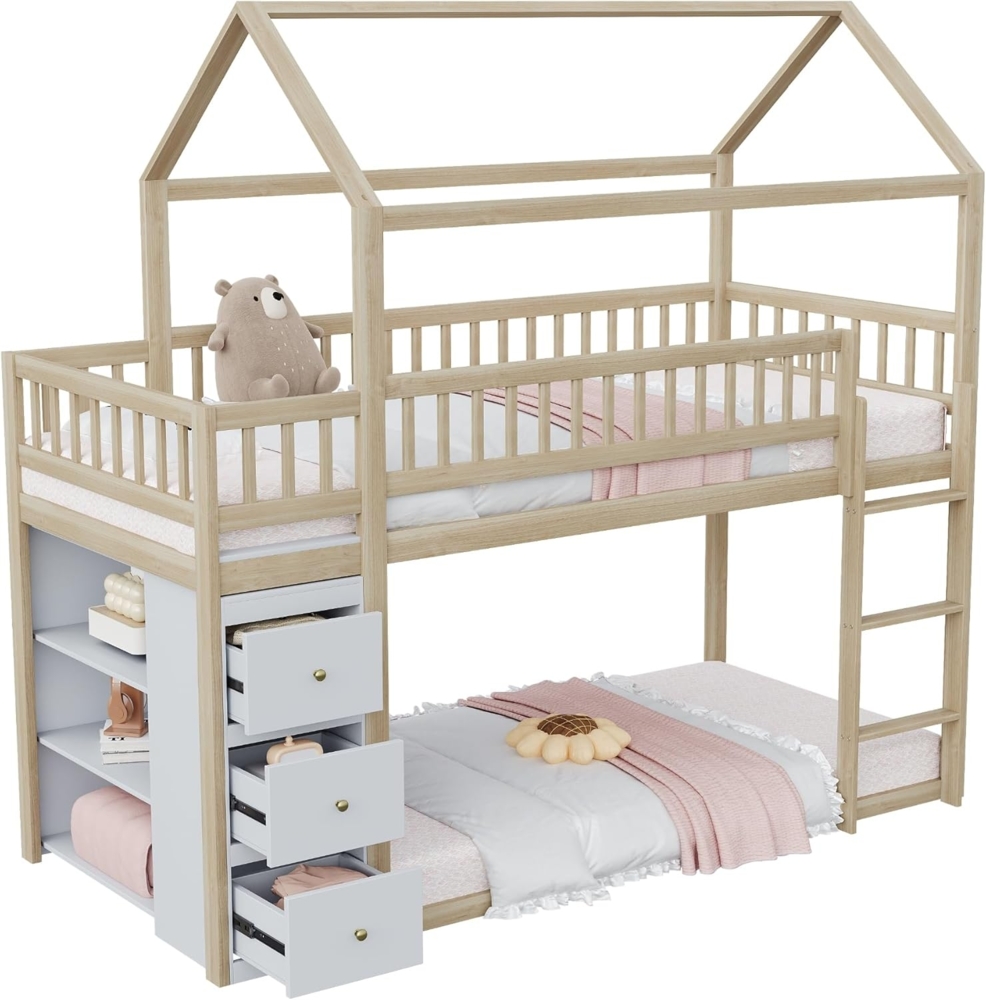 Etagenbett mit Lattenrost, Regal und Schubladen, 90x200 cm, Kinderbett mit Rausfallschutz, Hausbett, Jugendbett, Kiefer Bild 1