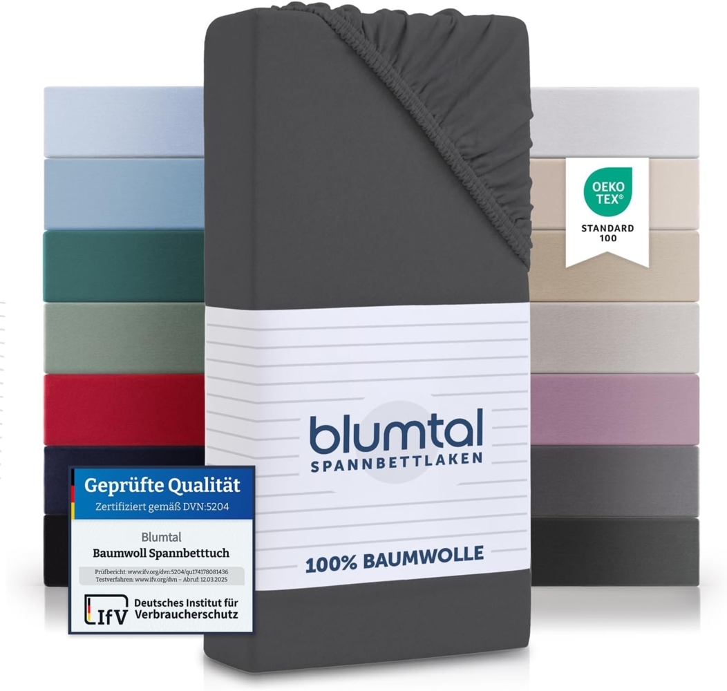 Blumtal® Baumwolle Spannbettlaken 80x160-180 cm Basics Jersey im 2er Set - Bettlaken 80x160 Kinder - OEKO-TEX zertifiziertes Spannbettlaken Beistellbett - Spannbettlaken Babybett - Anthrazit Bild 1