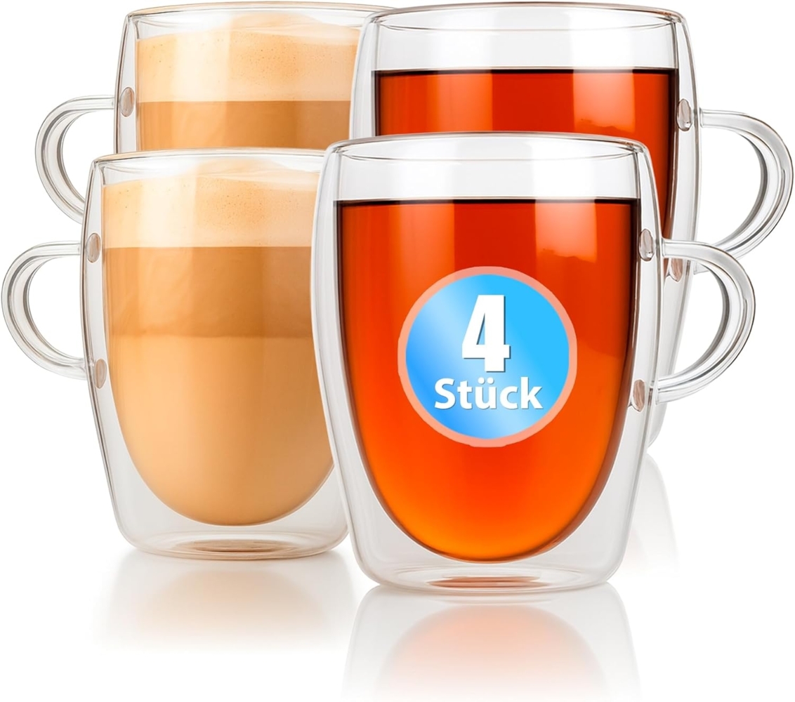 BigDean 4 Stück doppelwandige Latte Macchiato Gläser mit Henkel 300 ml Teetasse Thermogläser Teegläser Kaffeegläser in Geschenkverpackung Bild 1