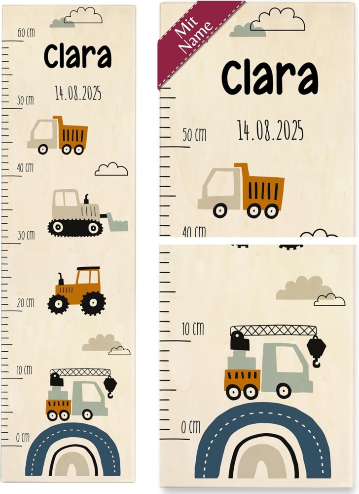 Bagger - Baustelle Baustellenfahrzeuge Baby Messlatte Kinder Kleinkinderzimmer Kran LKW Traktor - 0-60 cm - Holz - messlatten für baby- & kind Bild 1
