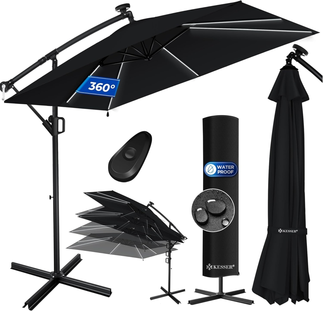 KESSER® 'Holly' Ampelschirm mit LED Solar und Ständer, inkl. Abdeckung und Windsicherung mit Kurbel, Aluminium schwarz, Ø 350 cm Bild 1