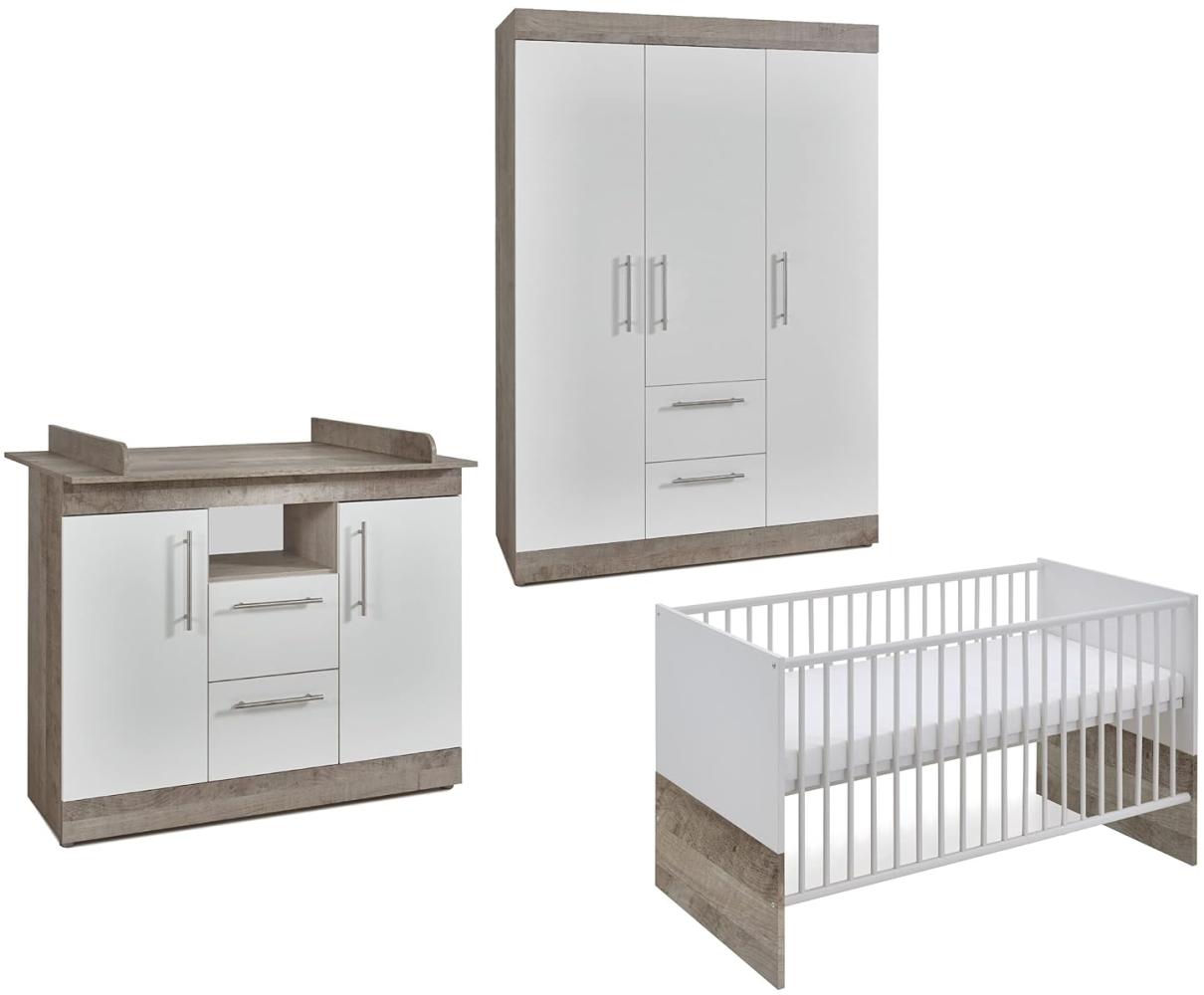 Arthur Berndt 'Selina' Babyzimmer Komplettset 3-teilig, Kinderbett (70 x 140 cm), Wickelkommode mit Wickelaufsatz und Kleiderschrank Platinum Oak / Weiß Bild 1