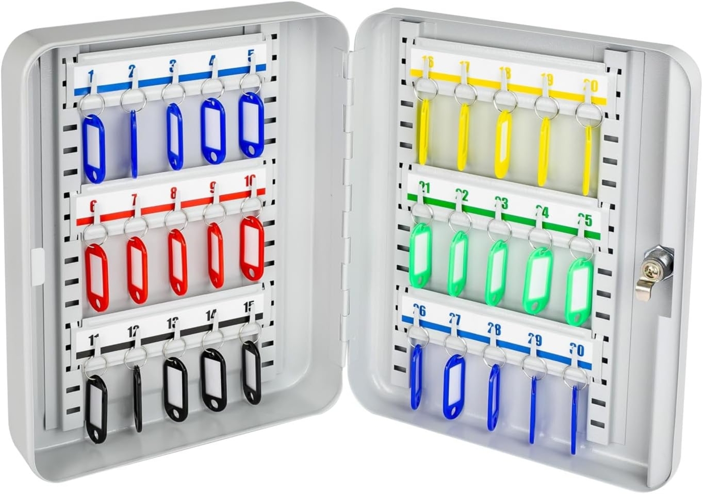 HMF Schlüsselkasten Schlüsselkasten abschließbar Schlüsselschrank (inkl. Schlüsselanhänger), mit verstellbaren Hakenleisten, 30 x 24 x 7,5 cm, Lichtgrau Bild 1
