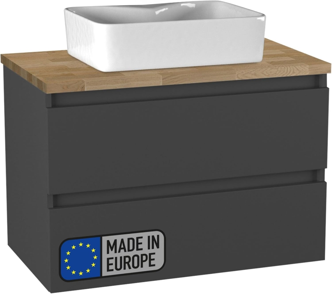 BADEDU GERS Waschbecken mit Unterschrank 80 cm breit, Grau, Aufsatzwaschbecken Keramik Weiß, Waschtischplatte Braun hell Bild 1