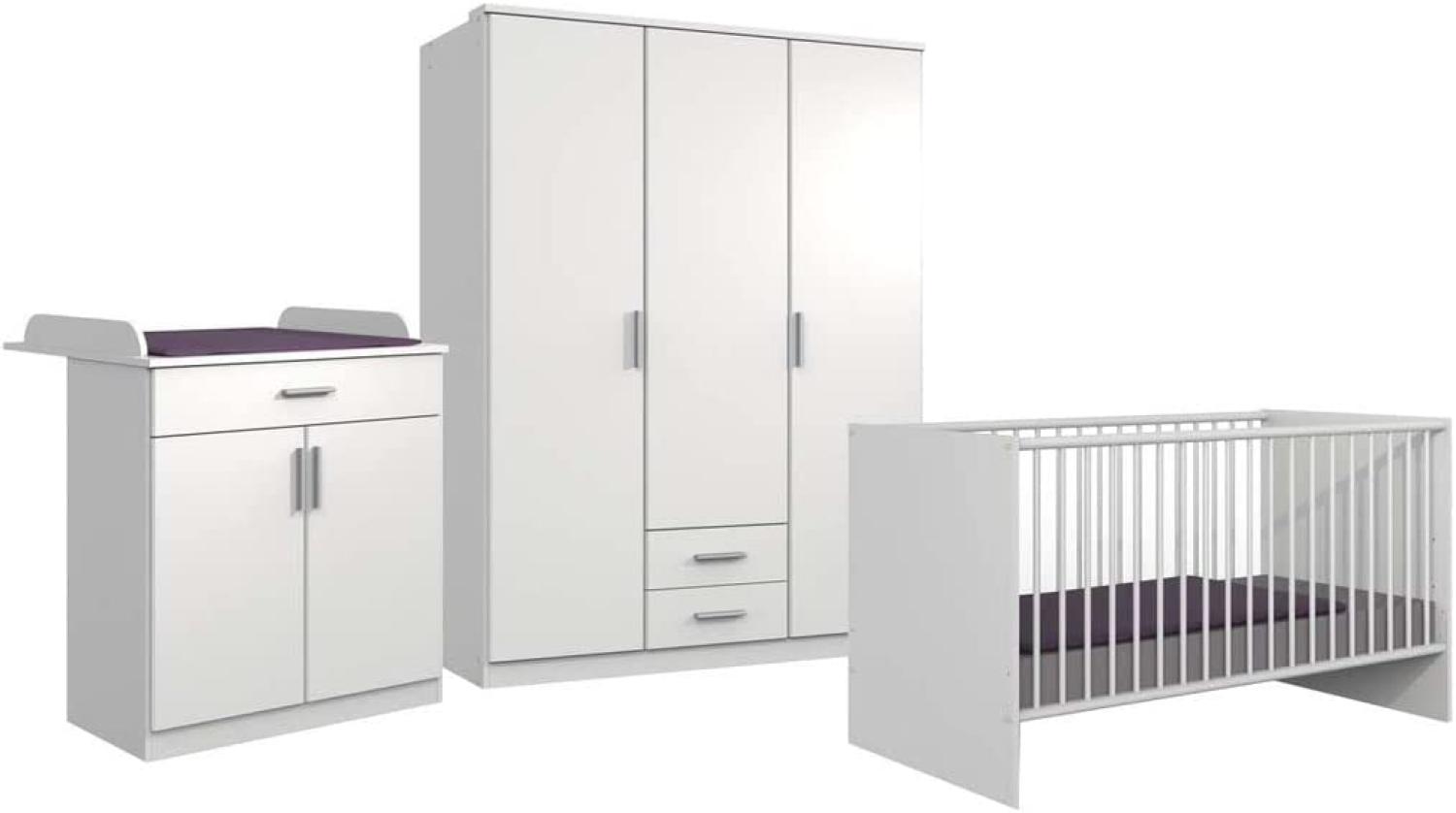 Babyzimmer-Set Kiel 3tlg Wickelkommode Babybett Kleiderschrank 3türig Schubkästen weiß Bild 1