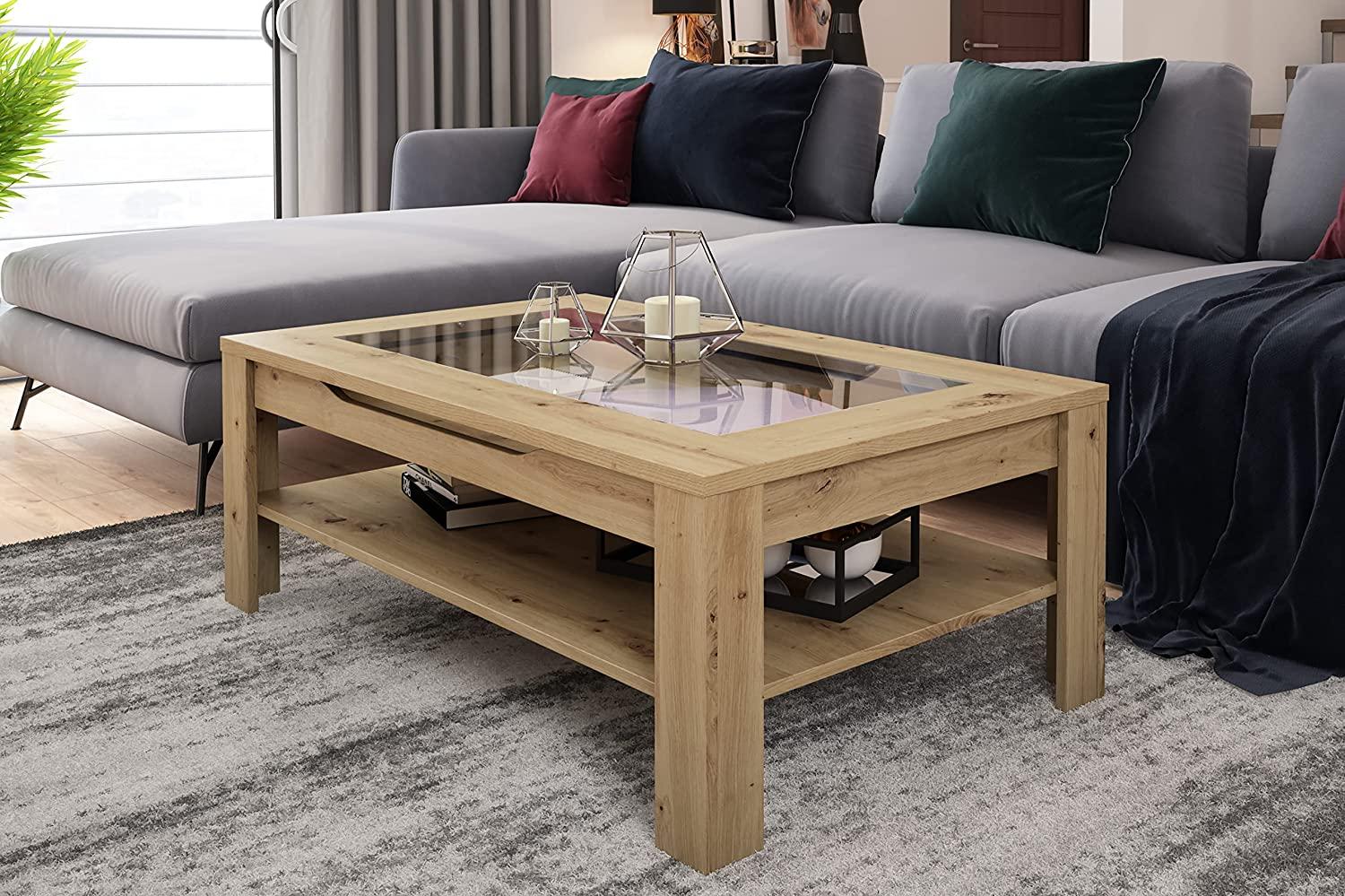 byLIVING Couchtisch RALPH / moderner Sofatisch mit Glaseinlage und großzügiger Schublade in Eiche-Optik / Beistelltisch mit viel Stauraum / B 110, H 43, T 67 cm Bild 1