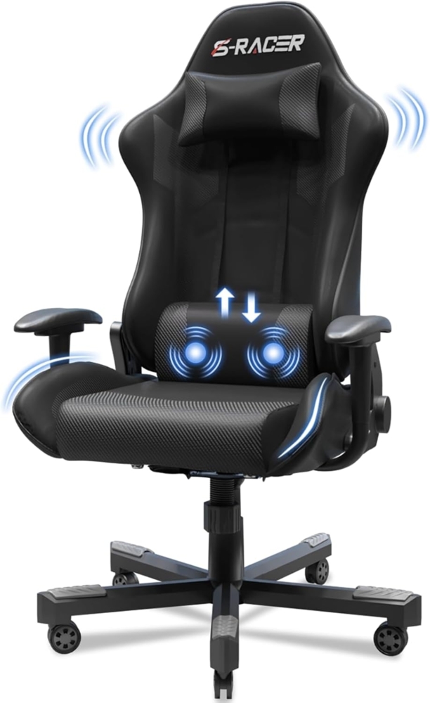 JUMMICO Massage Gaming Stuhl, Bürostuhl Ergonomisch mit Lendenwirbelstütze, Computerstühle Racing Bürostühle Gaming Sessel,Schreibtischstuhl 150kg Belastbarkeit, DunkelSchwarz Bild 1