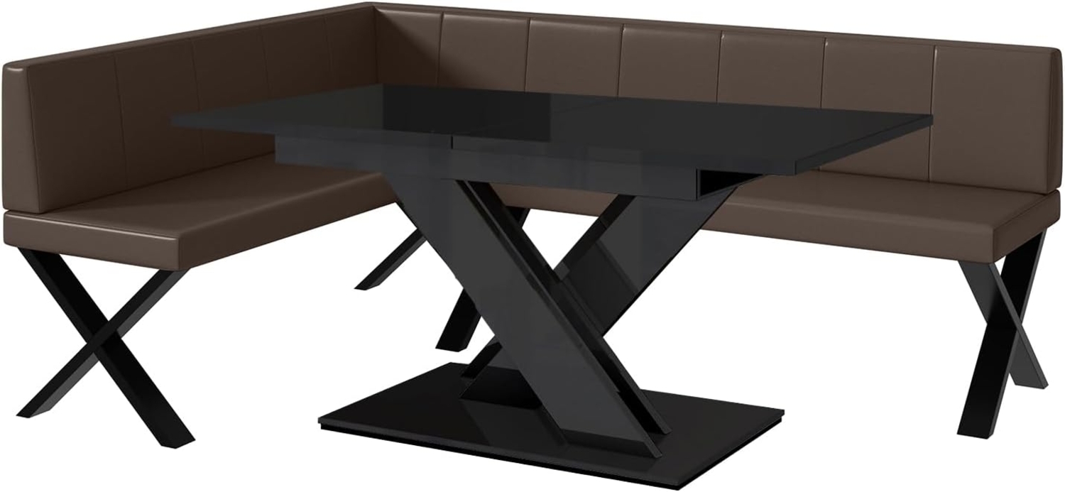 MEBLINI Eckbank für Esszimmer mit ausziehbarem Tisch - Küchenbank - Essecke - Sitzecke Küche - PETER - X-Beine 142x196x87cm Links - Braun Kunstleder/B Schwarz Hochgl. Bild 1