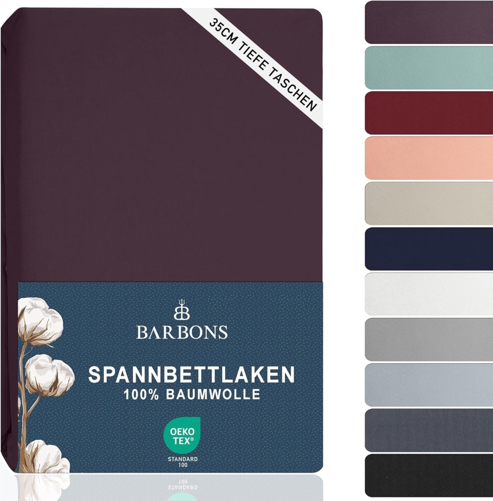 BARBONS Spannbettlaken 160x200 cm - 100% Baumwolle Spannbettlaken, Oeko-TEX Zertifiziert, Bettlaken Jersey, Spannbetttuch, Matratzenhöhe bis 25 cm (Aubergine - 160x200) Bild 1