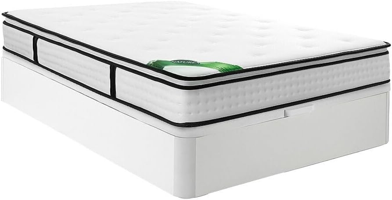 Vente-unique - Set 140 x 190 cm - Bettkasten Weiß + Taschenfederkernmatratze 7 Zonen mit integriertem Topper und Bambusbezug 23 cm - TAREVO von NATUREA Bild 1