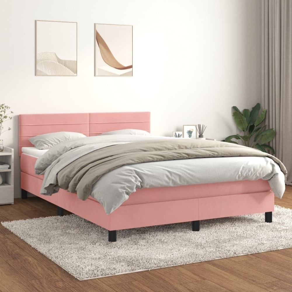 vidaXL Boxspringbett mit Matratze Rosa 140x190 cm Samt 3141364 Bild 1