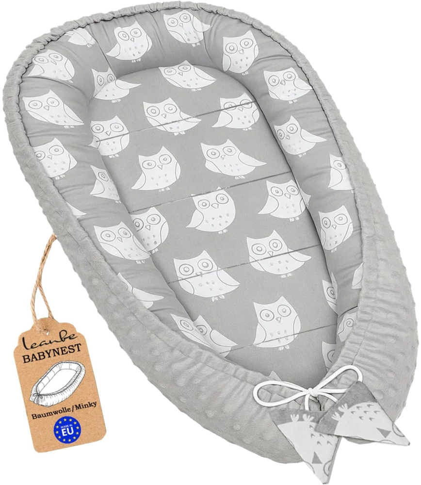 Leanbe Babynest 90x50 cm – Babynestchen für Neugeborene, Nestchen Baby aus Baumwolle & Polyester, Bettnestchen für Winter/Herbst, Baby Nest Set für Indoor & Outdoor (MINKY GRAU - EULEN) Bild 1