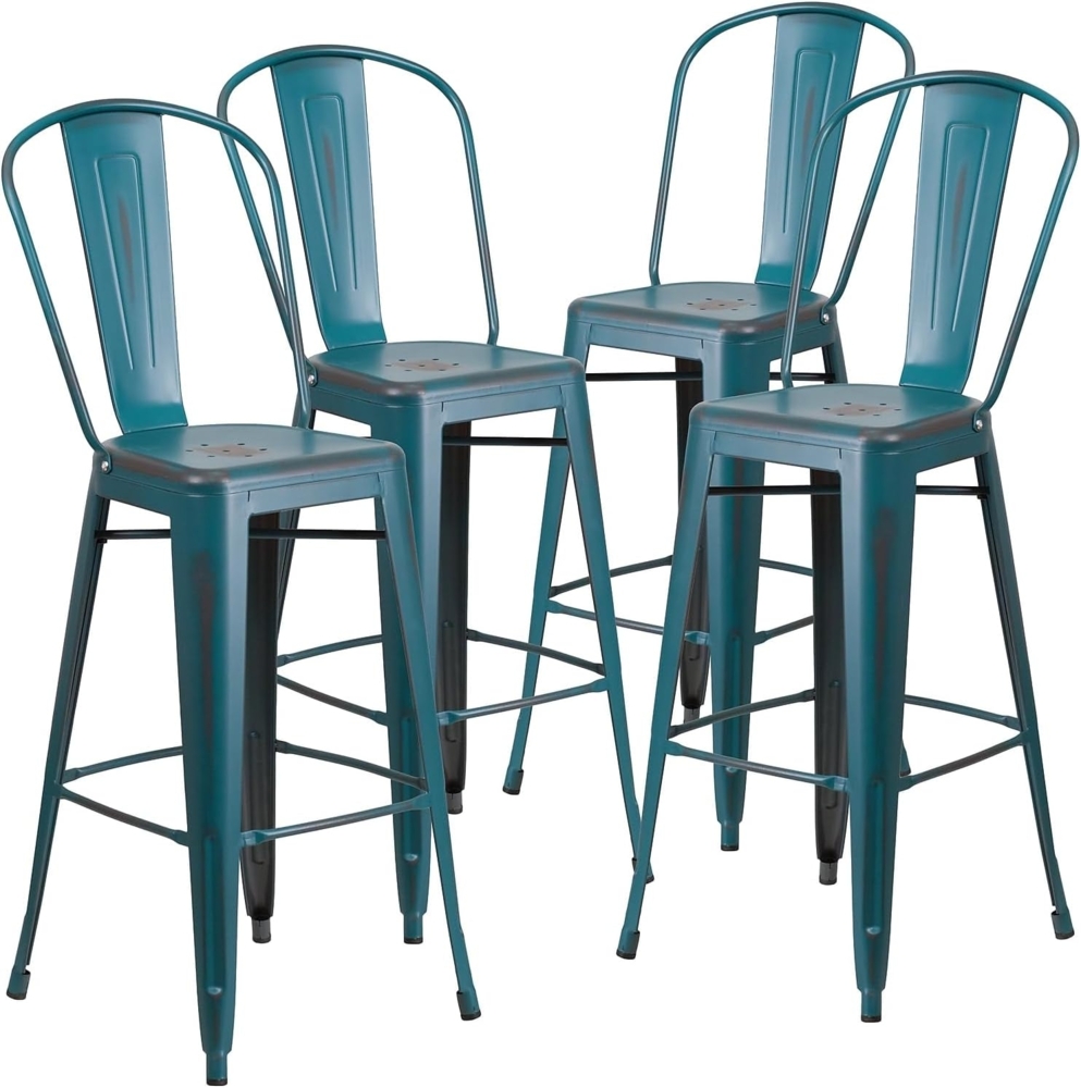 Flash Furniture Blake Barhocker mit Rückenlehne, kommerzielle Qualität, 76,2 cm hoch, Used-Look, Blaugrün, Metall, für drinnen und draußen, 4 Stück Bild 1