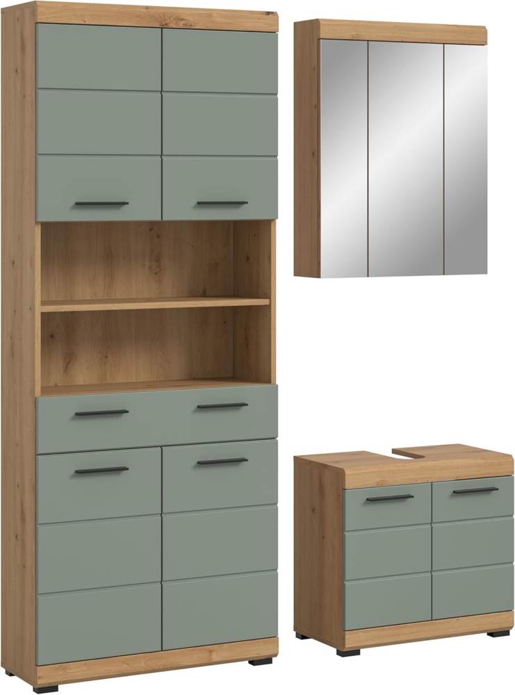 xonox. home – Badkombination Scout 149 x 191 x 34 cm in Artisan Eiche und Salbei Nachbildung – Zeitgemäße Badezimmerlösung mit Stauraum – kompakt, wohnlich & pflegeleicht Bild 1