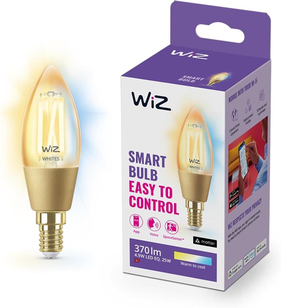 WiZ Tunable White Amber LED Lampe, Kerzenform, E14, 4,9 W, Vintage Design, dimmbar, warm- bis kaltweiß, smarte Steuerung per App/Stimme über WLAN Bild 1