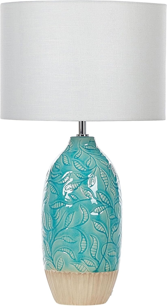 'Ataba' Tischlampe mit Keramikfuß Türkis 58 cm Blättermotiv Langes Kabel mit Schalter Lampenschirm aus Baumwolle Jute in Weiß Wohnzimmer Schlafzimmer Bild 1