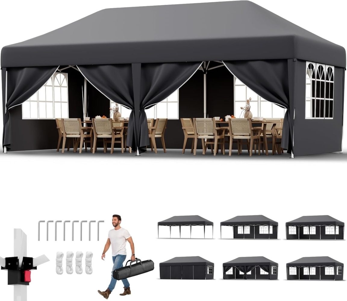 JUMMICO Pavillon 3x6 Wasserdicht Stabil Winterfest mit 6 Seitenwänden,Faltpavillon Höhe Verstellbar,partyzelt Pavillion UV Schutz 50+,Gartenpavillon Faltzelt für Garten, Innenhof, Camping,Gazebo Grau Bild 1