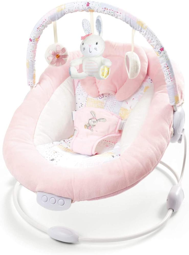 LADIDA weich gepolsterte Hasenwippe in Pink Baby Flower mit beruhigenden Vibrationen, Musikmelodien, weißem Rauschen, maschinenwaschbarem Sitzpolster, abnehmbarem Spielzeugbügel mit 3 Spielzeugen 076 Bild 1