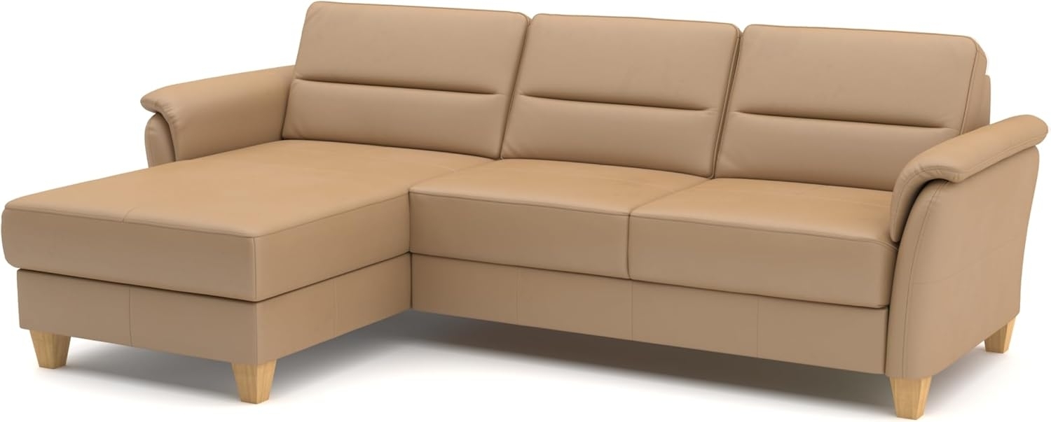 CAVADORE Leder-Eckcouch Palera mit Longchair / Landhaus-Sofa mit Federkern + massiven Holzfüßen / 244 x 89 x 163 / Leder Beige Bild 1