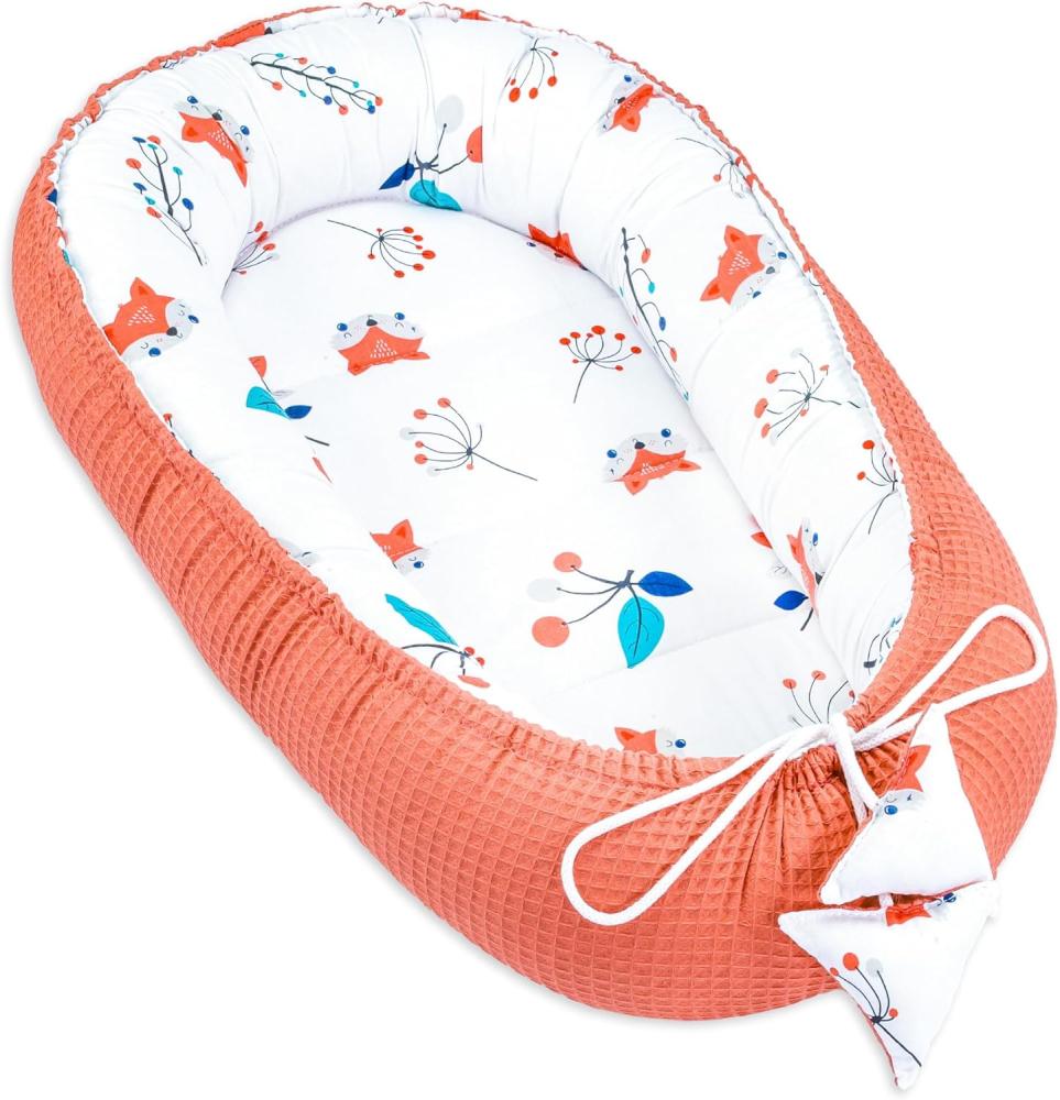 Babynest Neugeborene Nestchen Baby 90x50 cm - Kokon Handmade zweiseitig aus Baumwolle Waffel mit Babynestchen Fuchs Orange Bild 1