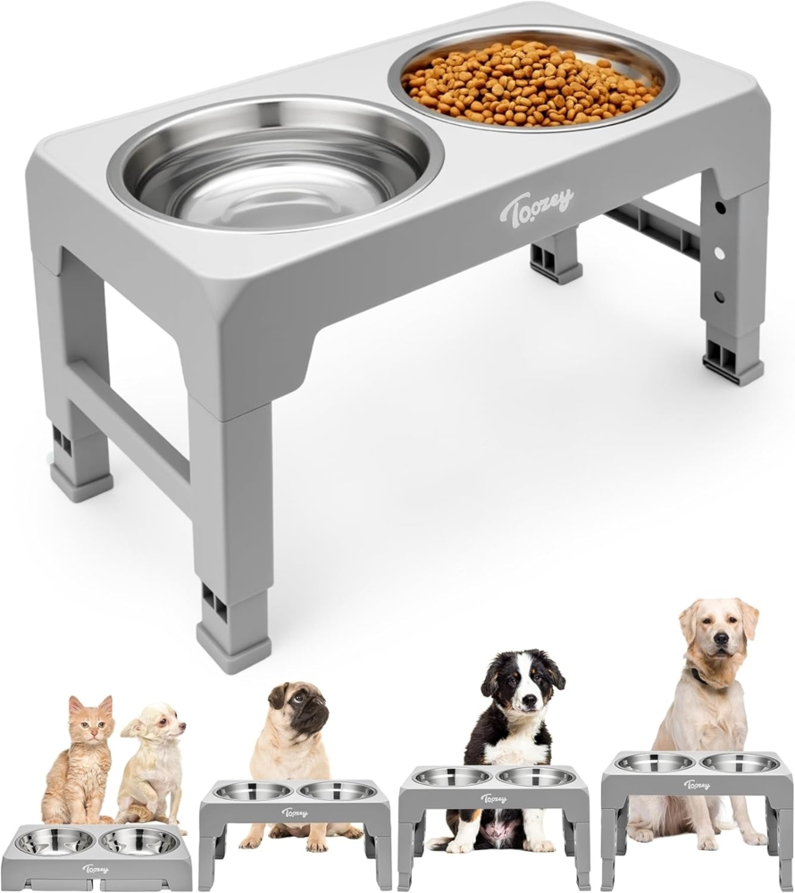 LuxusKollektion 'Toozey' Futternapf höhenverstellbar (2 Schüsseln) 1200 ml, Edelstahl grau Bild 1