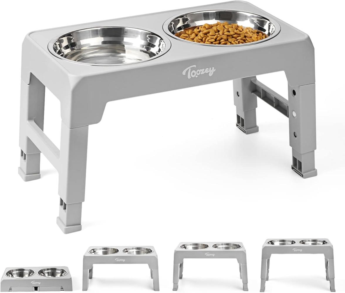 Toozey Hundenapf, Futterstation mit 2X 1200ml Edelstahlnäpfen, für mittlere & große Hunde，4 Höhenverstellbar Futternapf, Grau Bild 1