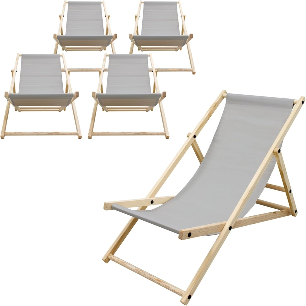 ECD Germany 5er Set Liegestuhl klappbar, Hellgrau, Holz, verstellbare Rückenlehne, 3 Positionen, bis 120kg, Sonnenliege Gartenliege Strandliege Strandstuhl Holzklappstuhl, für Garten, Balkon & Strand Bild 1