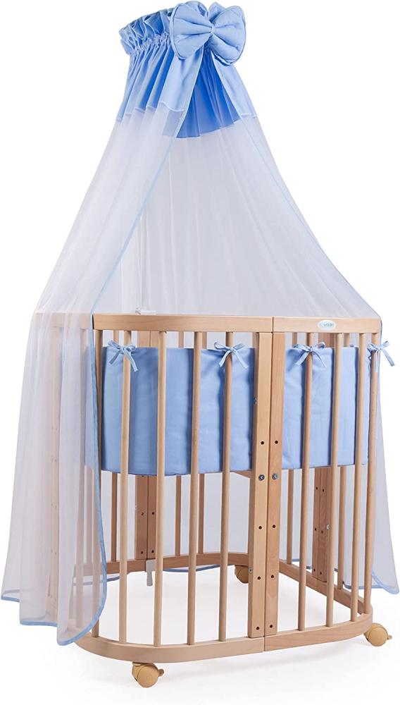 Waldin Babybett aus Holz 7in1 mit Matratze, mitwachsendes Kinder-Bett, belüftet, Boden 5-fach verstellbar, All-Inclusive-Set Holz natur, Stoffe blau Bild 1