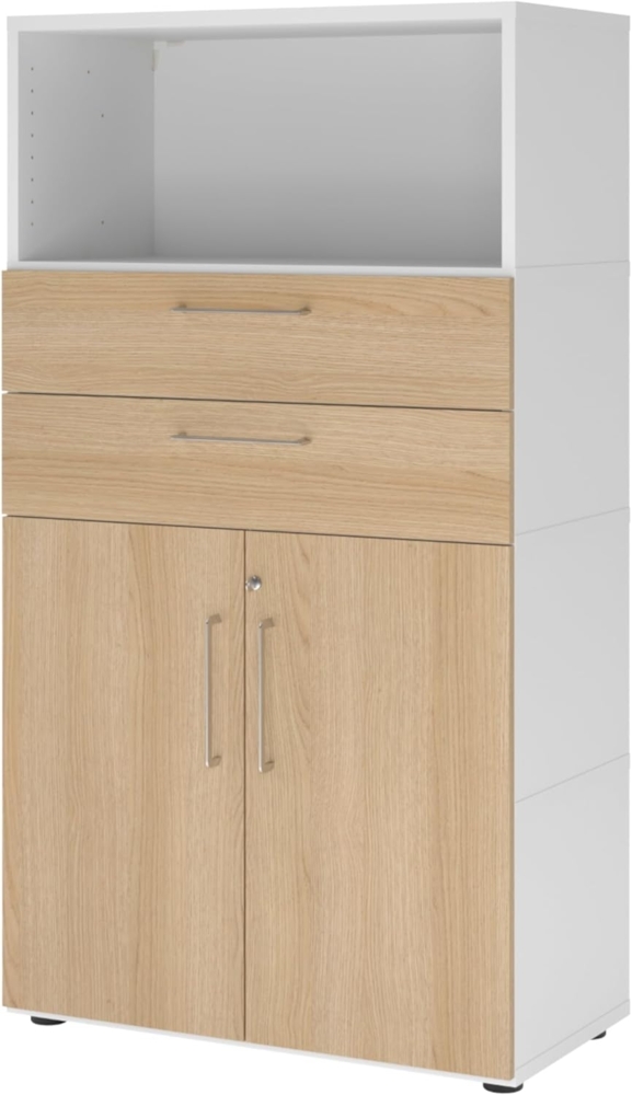 bümö flexi Aktenschrank abschließbar mit Flügeltüren & 2 Schubladen in Weiß/Eiche, Büroschrank mit werkzeuglosem Schnellmontage-Klicksysten in modularer Bauweise, FW48K2KG-W-E-BS Bild 1