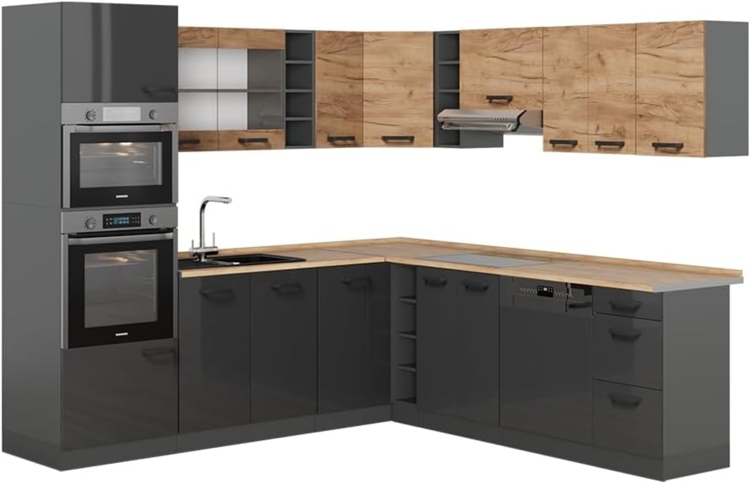 Eckküche R-Line Goldkraft Eiche/Anthrazit 247 x 60 cm zweifarbige Schränke, AP Eiche Vicco Bild 1