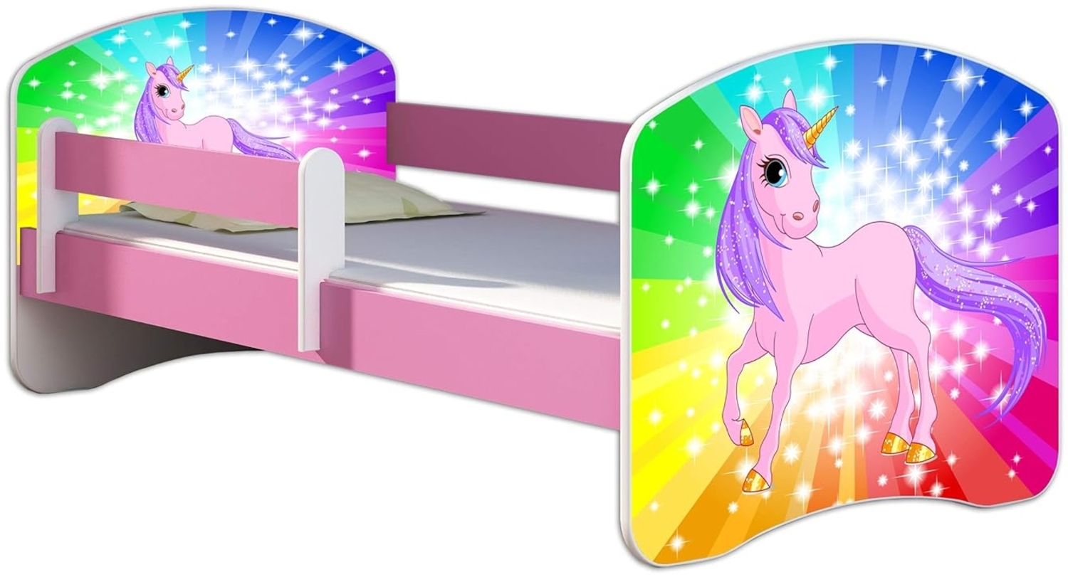 Kinderbett Jugendbett mit einer Schublade und Matratze Rausfallschutz Rosa 70x140 80x160 80x180 ACMA II (18 Pony Regenbogen, 80x160 cm) Bild 1