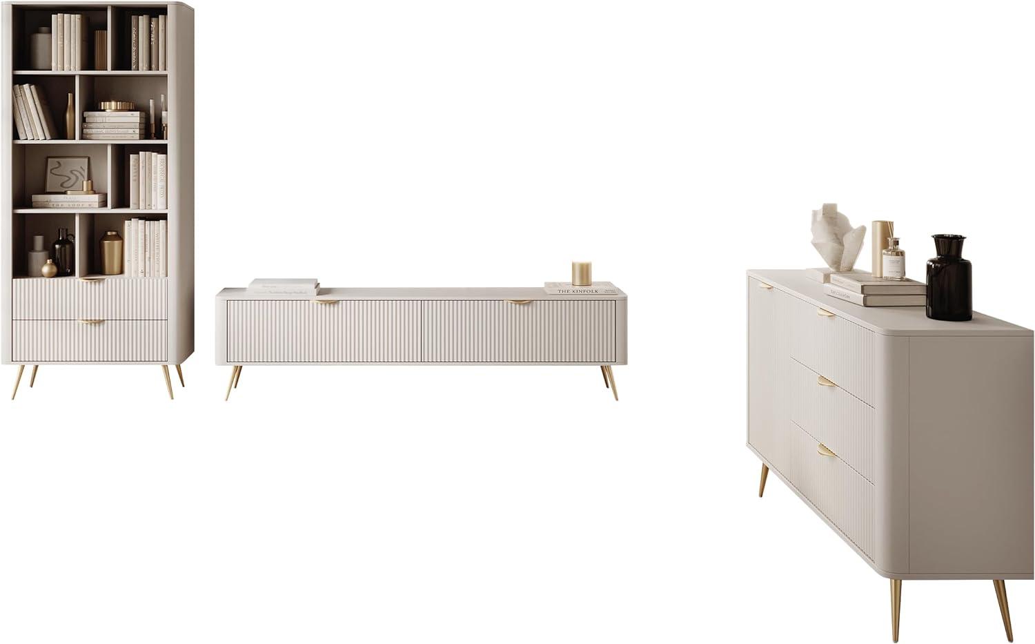 Wohnzimmer-Set Literpo II, geriffelte Fronten, Metallfüße, Aluminiumgriffe (Farbe: Beige) Bild 1