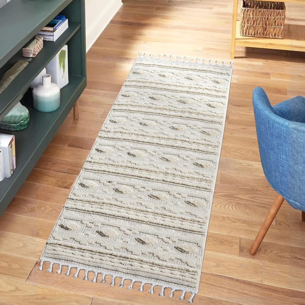 carpet city Teppich Läufer Boho Flur - Creme - 80x300 cm - Geo-Muster - Relief-Optik, 3D-Effekt - Cut-&Loop, Sisal - Moderne Fransen-Teppiche Schlafzimmer Bild 1