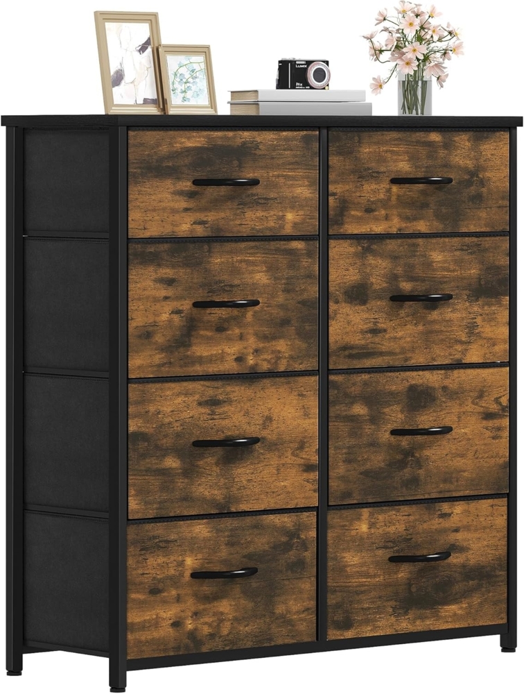 DWVO Kommode mit 8 Schubladen, langlebiger Stoff, Robustes Metallgestell, modern und funktional, ideal für Schlafzimmer, Wohnzimmer, Flur, Kinderzimmer, Rustikal Braun Bild 1