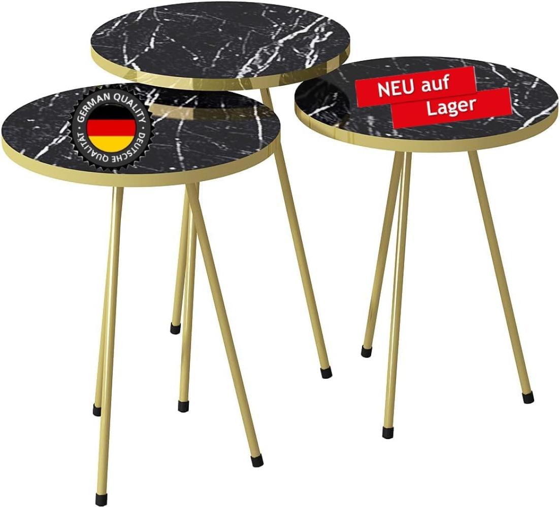 moebel17 6153 Beistelltisch 3 er Set rund - Kaffeetisch Satztisch Metallgestell, Wohnzimmertisch Tisch, Schwarz, Marmoroptik, goldene Füße, 38 cm Durchmesser, Höhe 46, 49, 52 cm 21756153 Bild 1
