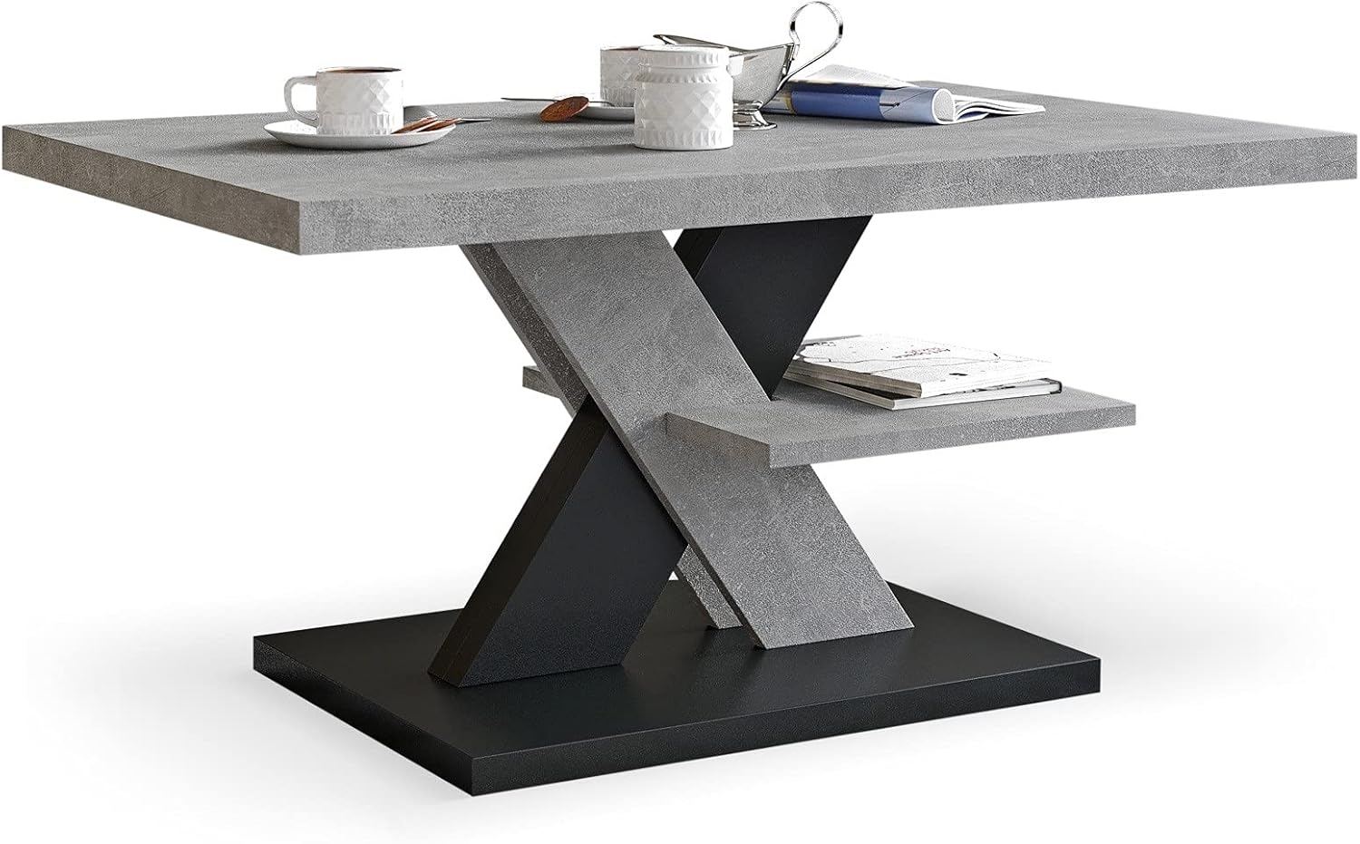 Viosimc Moderner Wohnzimmertisch, Couchtisch Betonoptik – Schwarz, Wohnzimmer Sofatisch Kaffeetisch, Modern Matt Sofa Tisch mit Großer Ablage, Coffee Table for Living Room Bild 1