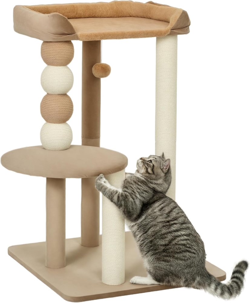 PawHut Kratzbaum 86 cm, mit Sprungplattform, Bett, Spielball, Jute-Kratzsäulen, für Katzen bis 7 kg, Kaffee Bild 1